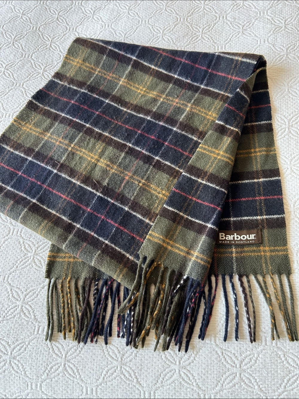 Barbour Classic Tartan Olive-Blue-Red Lambswool Cashmere Scarf Made in Scotland.
